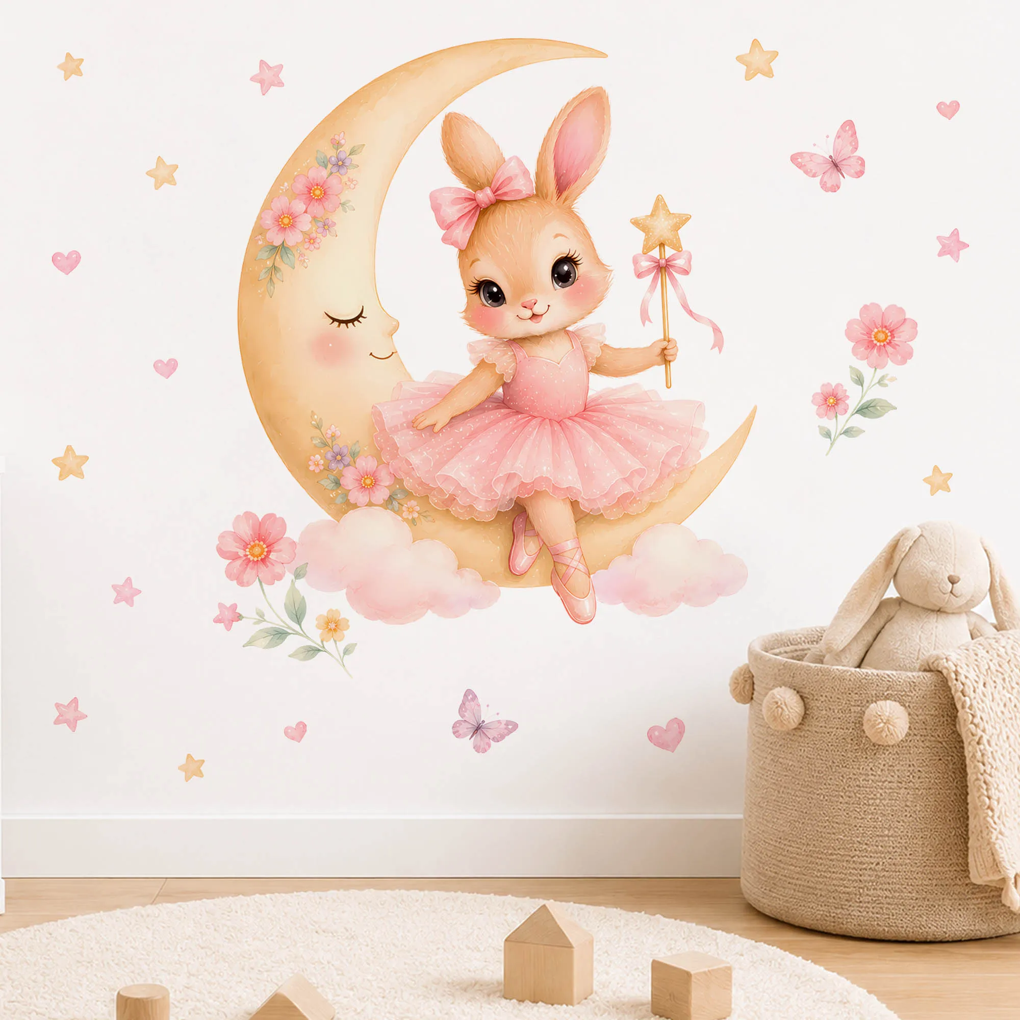 Watercolor Ballerina Bunny Moon Wall Stickers Pink Tutu Rabbit Star Wand Wall Decals for Kids Baby Girls Room Bedroom Home Decor view 4