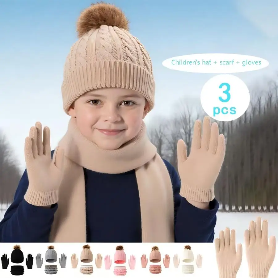 Children's thermal set including scarf + hat + gloves, winter warming equipment, multiple color options available