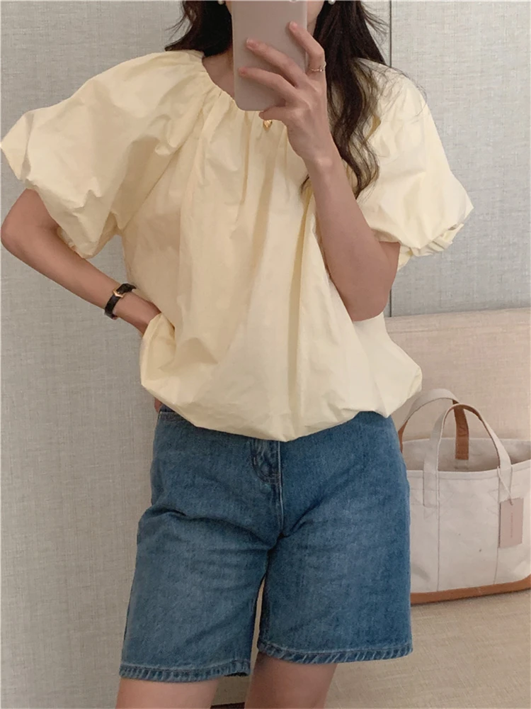 New 2022 Chic Shirts Sweet Korean Fashion Vintage Puff Sleeve Women Blouses Summer Elegant Office Lady Wild Short Tops BL9511