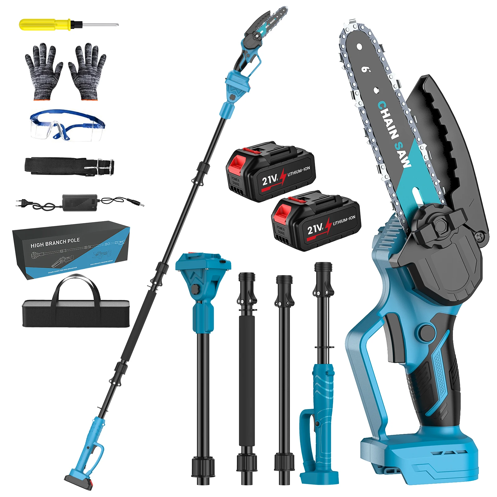 Image of 21V Akku-Stangensäge, 4-teilige ausziehbare Teleskopstange, 6 Zoll bürstenlose Kettensäge, 5-Gang-Winkelverstellung, Baumschneider, kompatibel mit Makita 18V Akku