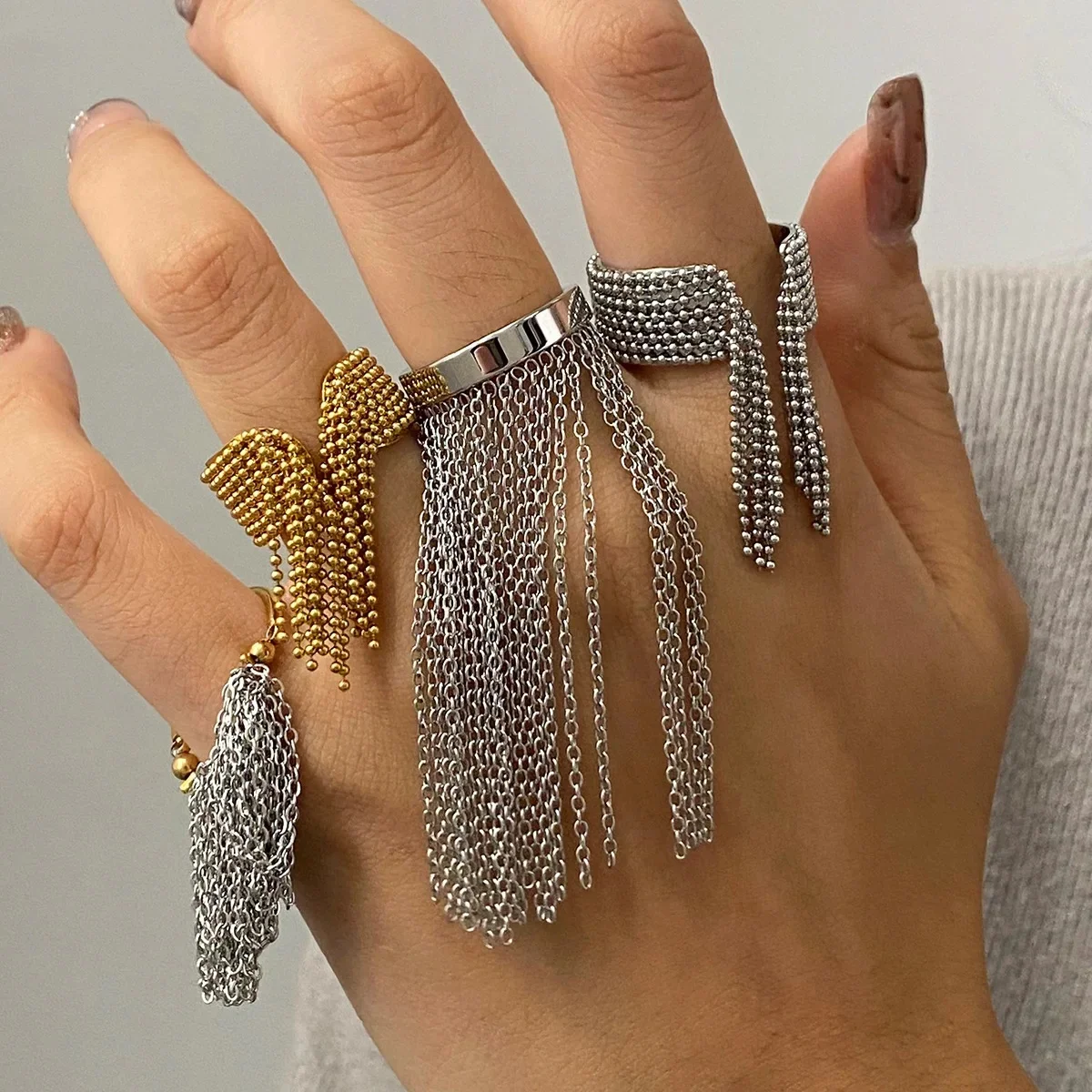 Fashion Statement Stainless Steel Long Tassel Chain Open Wide Ring Vintage Hip Hop Geometric Jewelry Trendy Party Gift for Women — 2