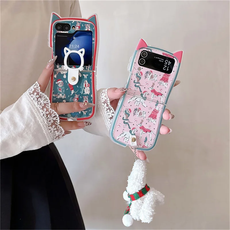 

Cute Christmas phone case for Samsung Galaxy Z Flip3 4 5 6 Flip4 Flip5 Flip6 5G cover with plush charm Kawaii silicone case