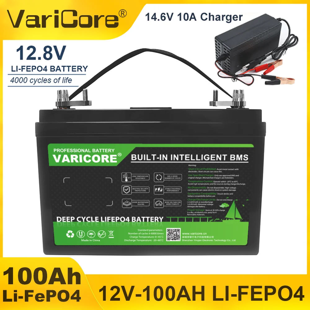 Batteria VariCore 12V 100Ah LiFePO4 1280Wh con caricabatterie da 10A e uscita USB 3.0 Type-C per campeggio, camper e viaggi, disponibile in magazzino UE