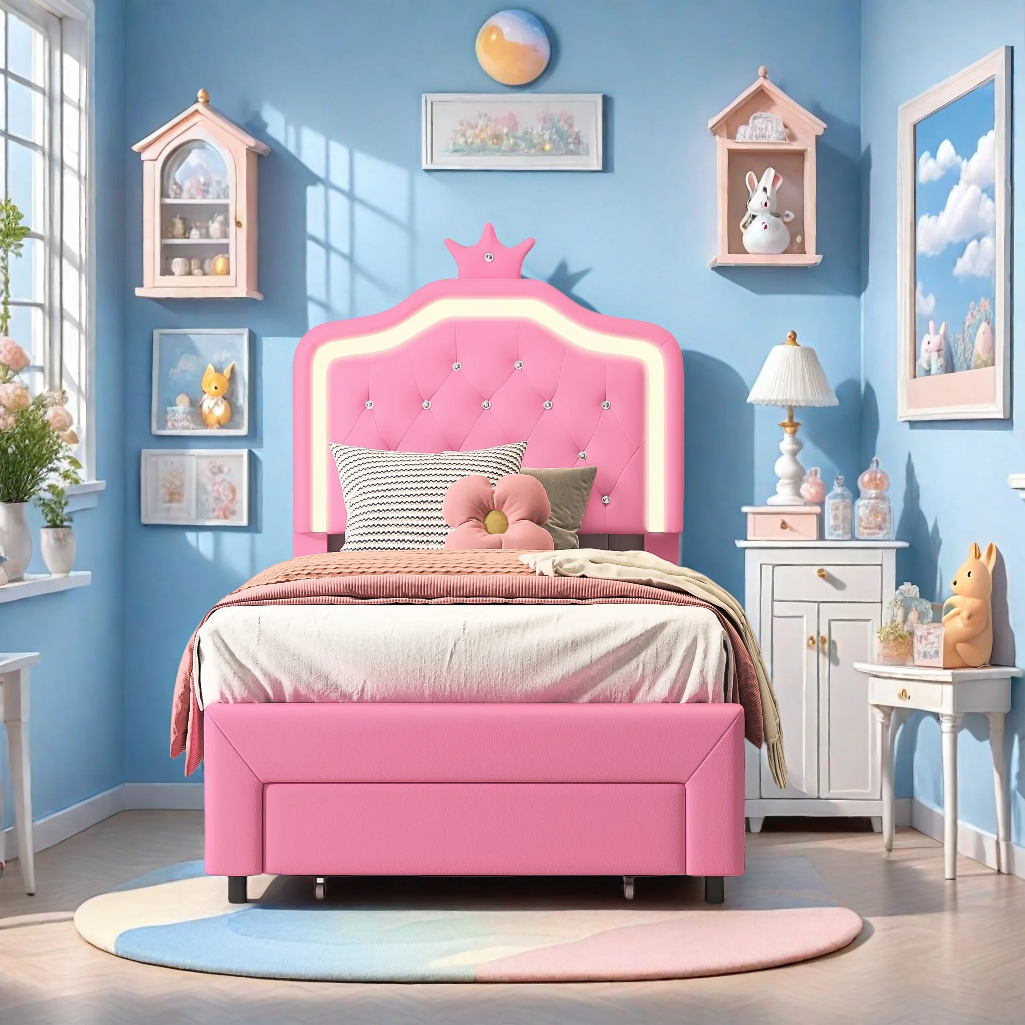 Rosahqnda Lit pour enfants Lit simple rembourré 90*200 cm Lit double 140*200 cm Lit pour filles Lit de princesse Cadre de lit pour jeunes PU