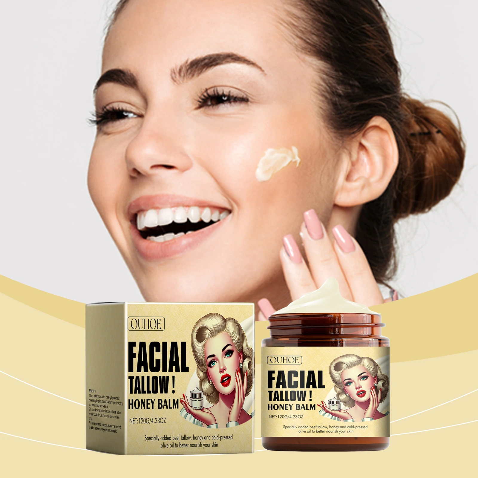 Crema hidratante de miel de grasa de vaca Ouhoe, 120g, repara la piel dañada, aumenta la elasticidad Facial, nutre duradero, crema para el cuidado de la piel suave