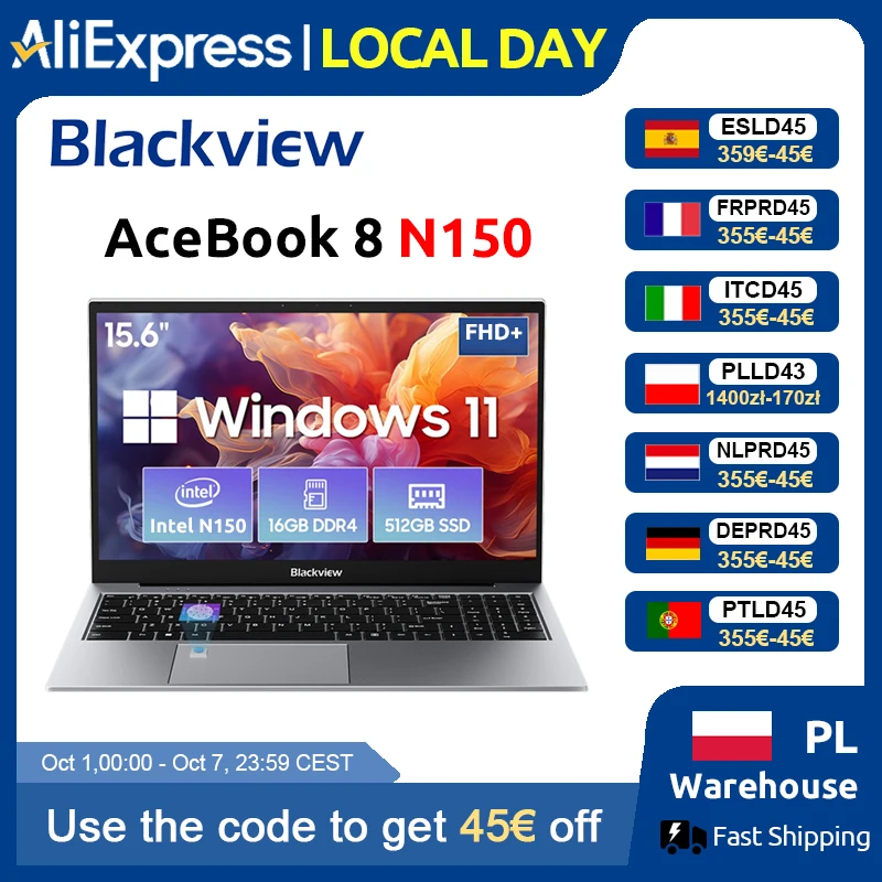 Blackview AceBook 8, laptop con schermo da 15,6 pollici, processore Intel N150, 16 GB di RAM, SSD da 512 GB, espandibile fino a 1 TB, Windows 11 Home.