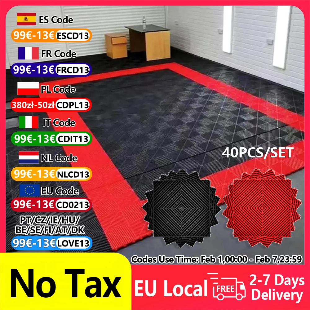 Juego de suelo de garaje, 40 Uds., negro y rojo, 40x40x1,8 cm, losas entrelazadas para suelo de garaje, sala de lavado de coches, azulejo de rejilla de empalme de polipropileno