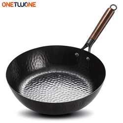 28cm Non-coated Cast Iron Wok Non-stick Pan Smokeless Fried Pan Cook Pots Kitchen Cookware Chef Pan Cooking Tools