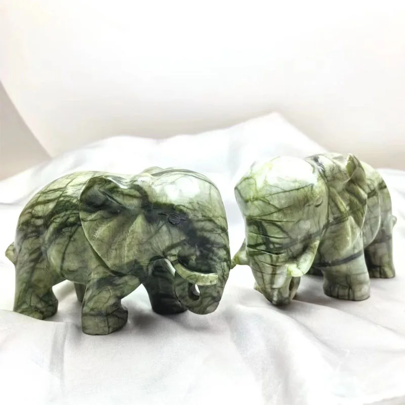 Large Natural Green Jade Elephant Sculpture Chinese Feng Shui Serpentine Crystal Animal Stone Art Statue for Luck Success Wealth