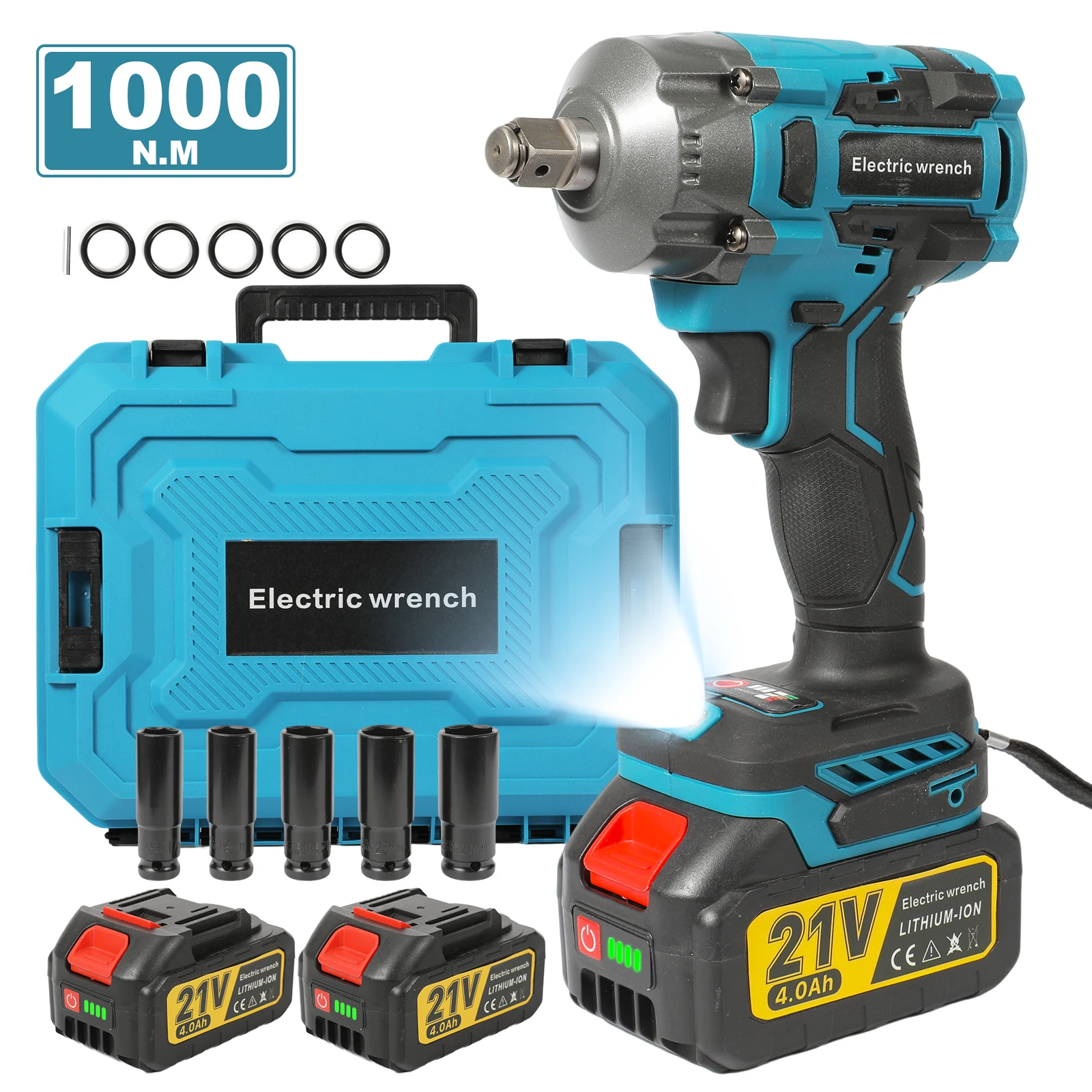 1000 Nm bürstenloser Akku-Schlagschrauber, 2 Batterien, 5 Aufsätze, variable Geschwindigkeit, LED-Licht, Hochleistungs-Elektrowerkzeug für Reparaturen