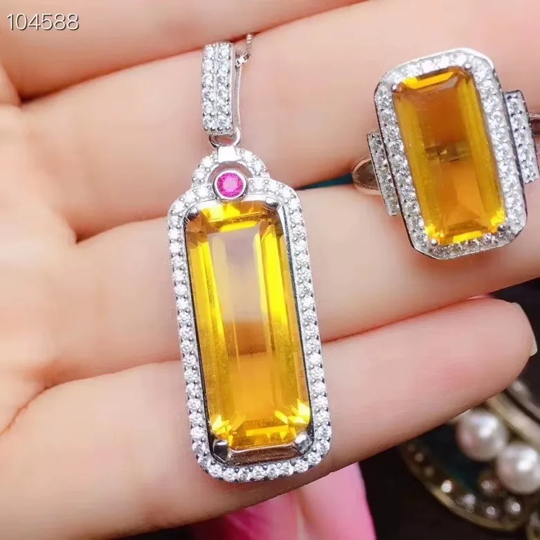 

Jewelry Girls' Natural Yellow Crystal Gemstone Necklace Pendant Ring Set 925 Pure Silver Plated White Gold 22x10mm Rectangular