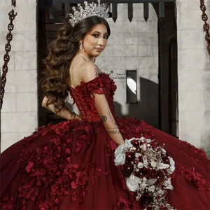 Rot von Hand Blumen Quencenera Kleider Kleider aus den Schulter Applikationen Spitze 15 Jahre altes Kleid süßes 16 Kleid 16 Kleid 12 Hauptverkaufskleider 15 Jahre rot - №9