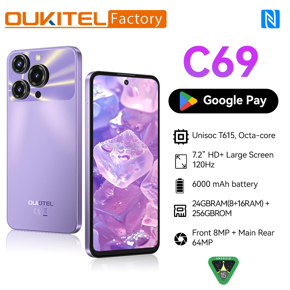 yZ[zOUKITEL C69 X}[gtH Android 15 7.2C` HD+ 120Hz ʘb\ 24GB(8+16)+512GB db@\ |[^u 64MP 6000mAh NFC