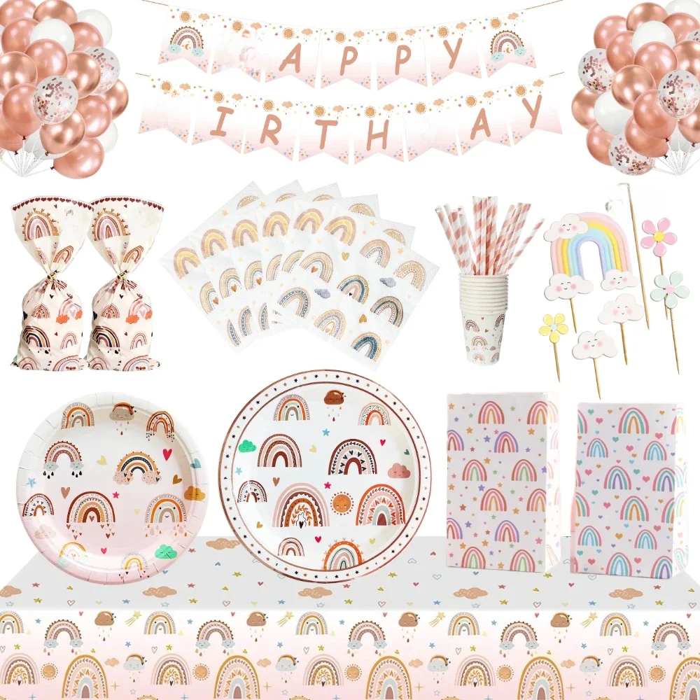 Tęczowy jednorazowy zestaw zastawy stołowej w stylu Boho papierowy kubek talerz obrus artystyczna dekoracja urodzinowa dziewczyna Baby Shower ślub — zdjęcie 2