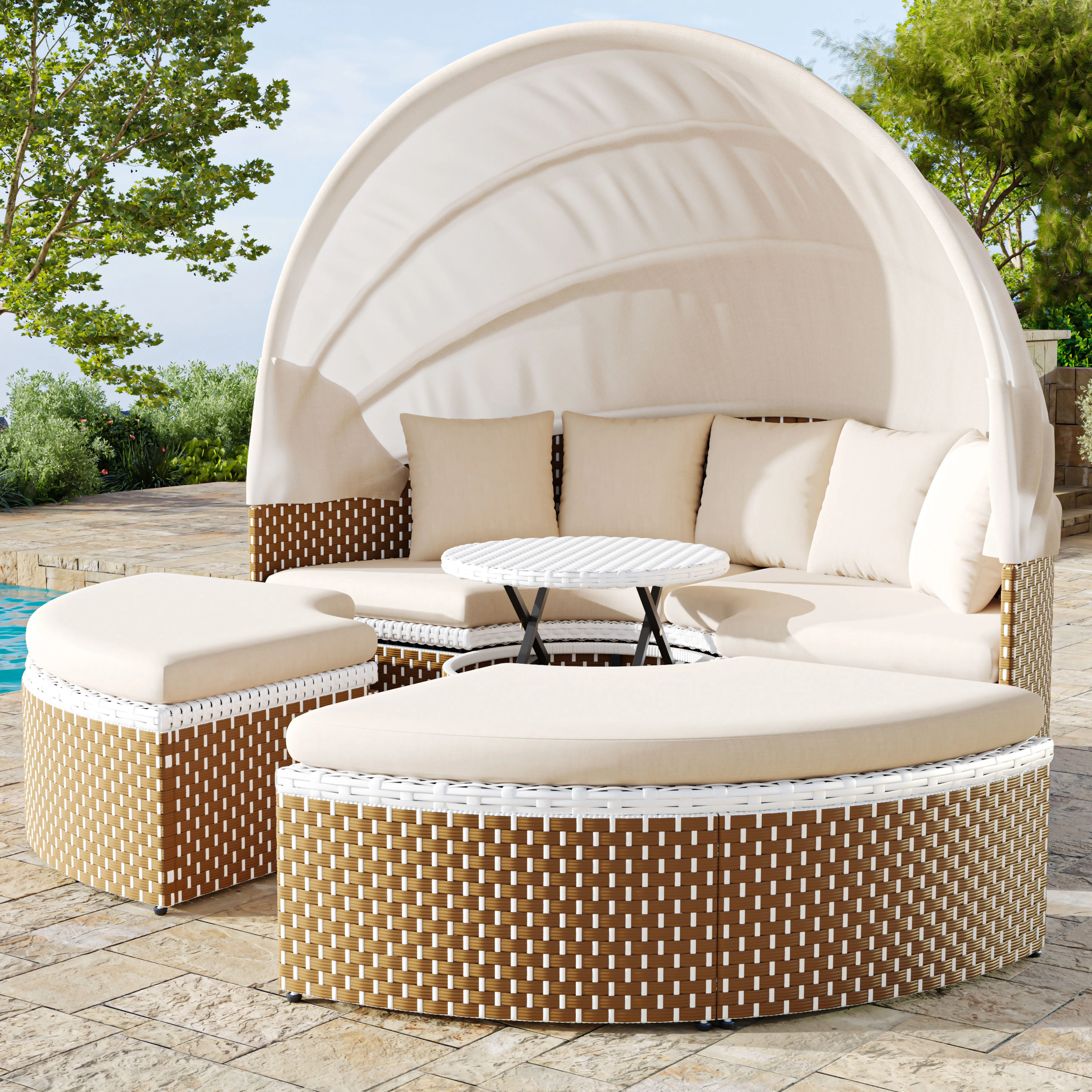 Merax Garten-Lounge-Sessel-Set, Sonneninsel, Rattan-Tisch & Stühle, Muschel-Bett, ausziehbares