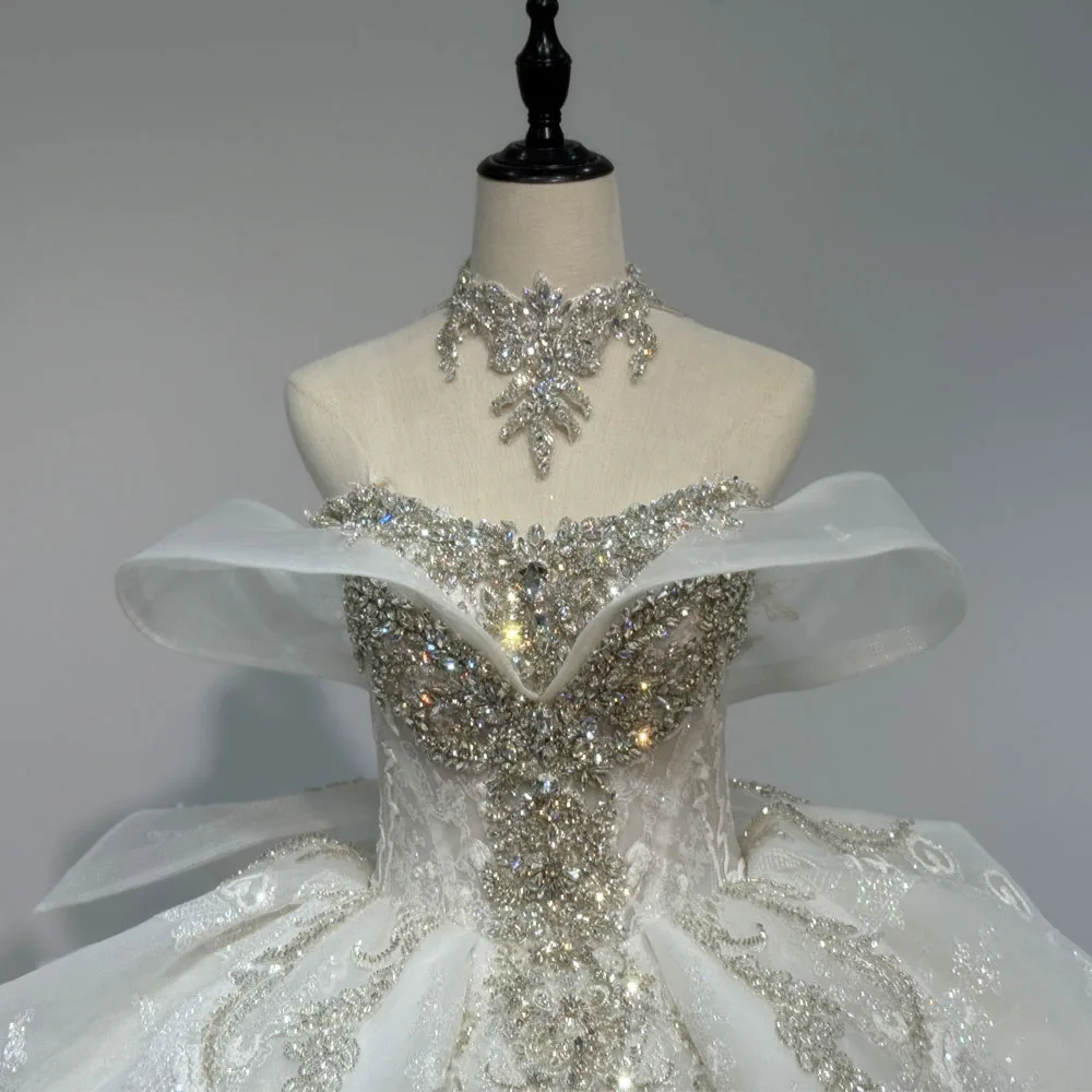 Luxury Bridal Wedding Dress Long Train Crystal Beading Lace Off The Shoulder Ball Gown Robe Mariage