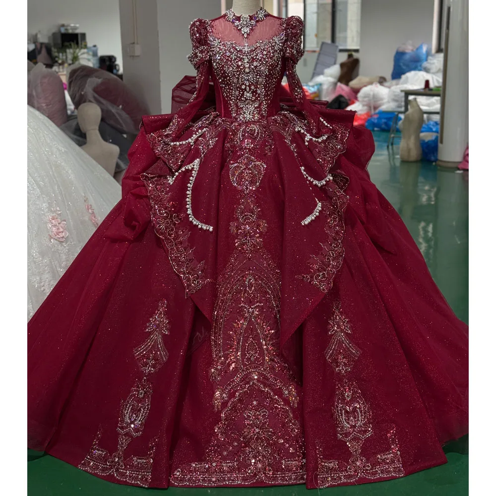 

Red Evening Dress Long Sleeves Crystal Embroidery Sequined Lace-Up Back Customizable Prom Dress Turtle Detail
