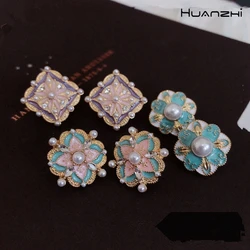 HUANZHI Vintage Baroque Cherry Blossom Stud Earrings French Gothic Drop Glaze Enamel Earrings for Women Dinner Party Jewelry New
