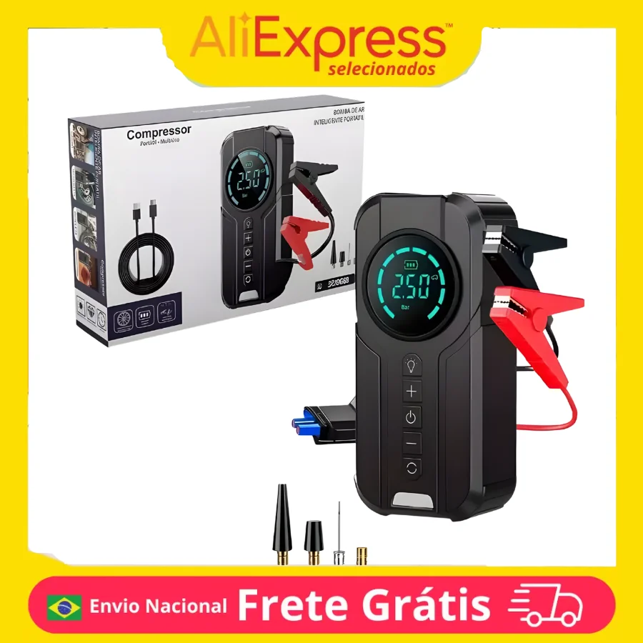 Bomba de Ar Portátil Compressor Inflador Multifuncional 4 em 1 Power Bank Bateria Calibrador de Pneus Automotivos