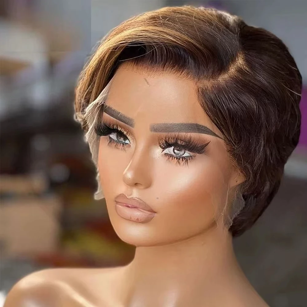 

4/27 Straight Pixie Cut Human Hair Wigs Colored Short Pixie Cut Preplucked Wig Honey Blonde Hair 13x4 Lace Front Human Hair Wig