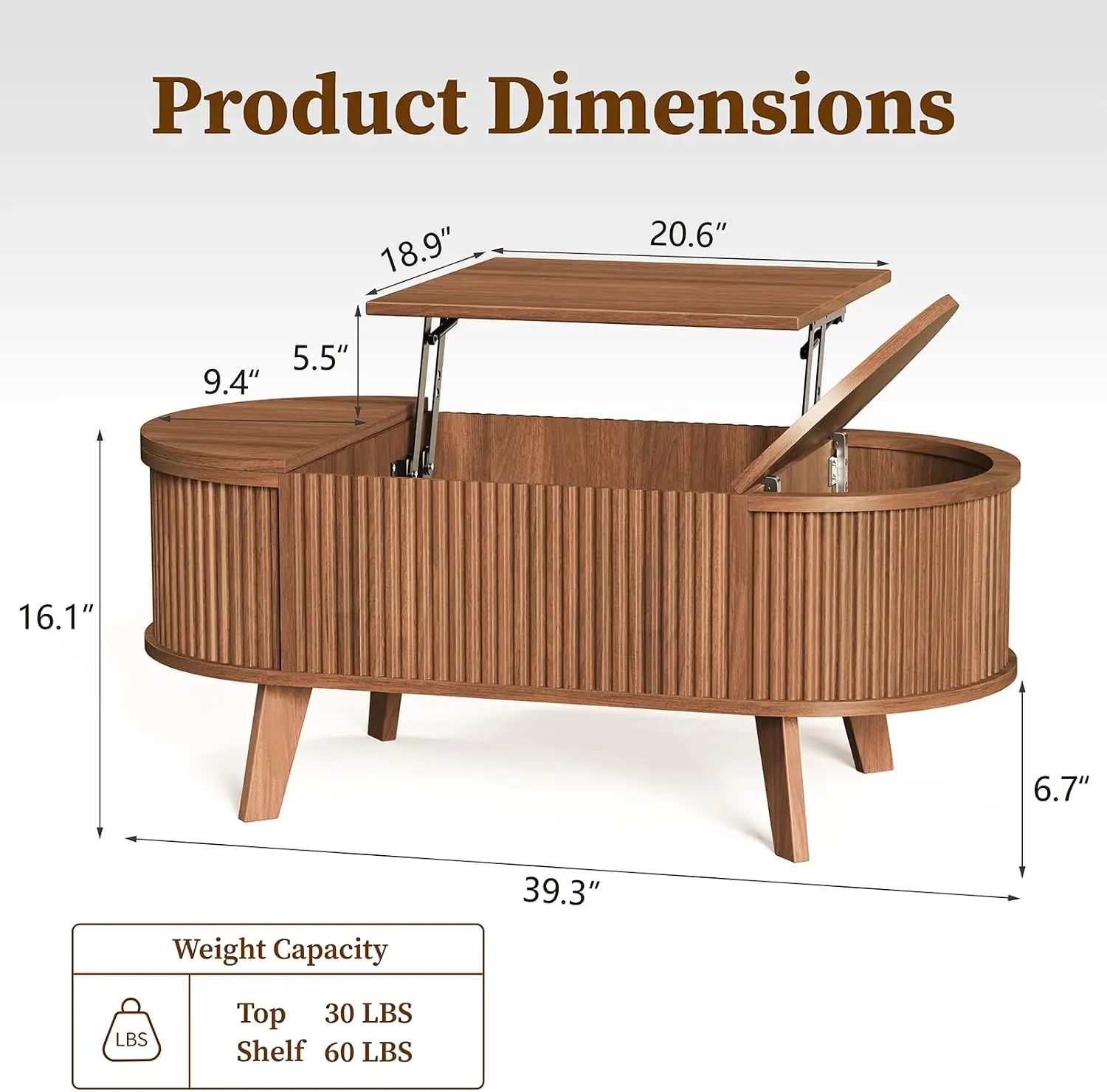 39.4" Oval Fluted Coffee Table with Lift Top, Hidden Storage, Walnut Mid Century Modern Farmhouse Small Center Table for Living Room, Home Office With 3 Compartments image 2