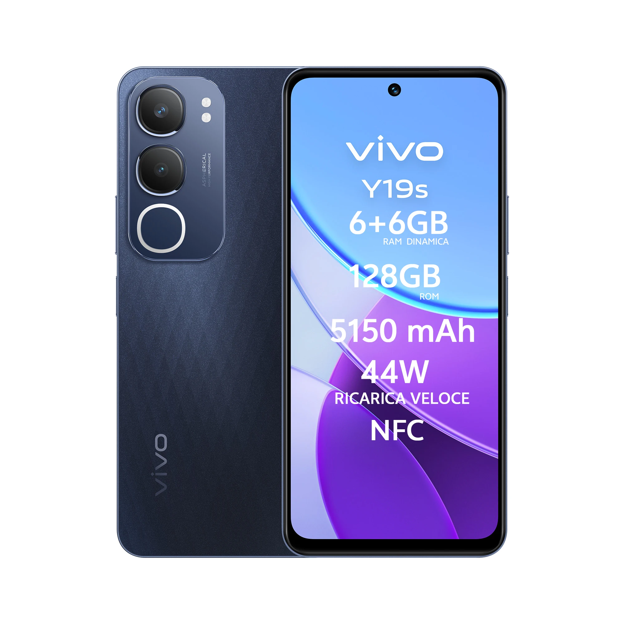 هاتف Vivo Y19s الذكي 6 + 6GB RAM 128GB ROM Camerafone 50MP AI الوضع الليلي 6.68 W شحن سريع بطارية 5150 mAh NFC ثنائي الشريحة ضوء ديناميكي، IP64 #1