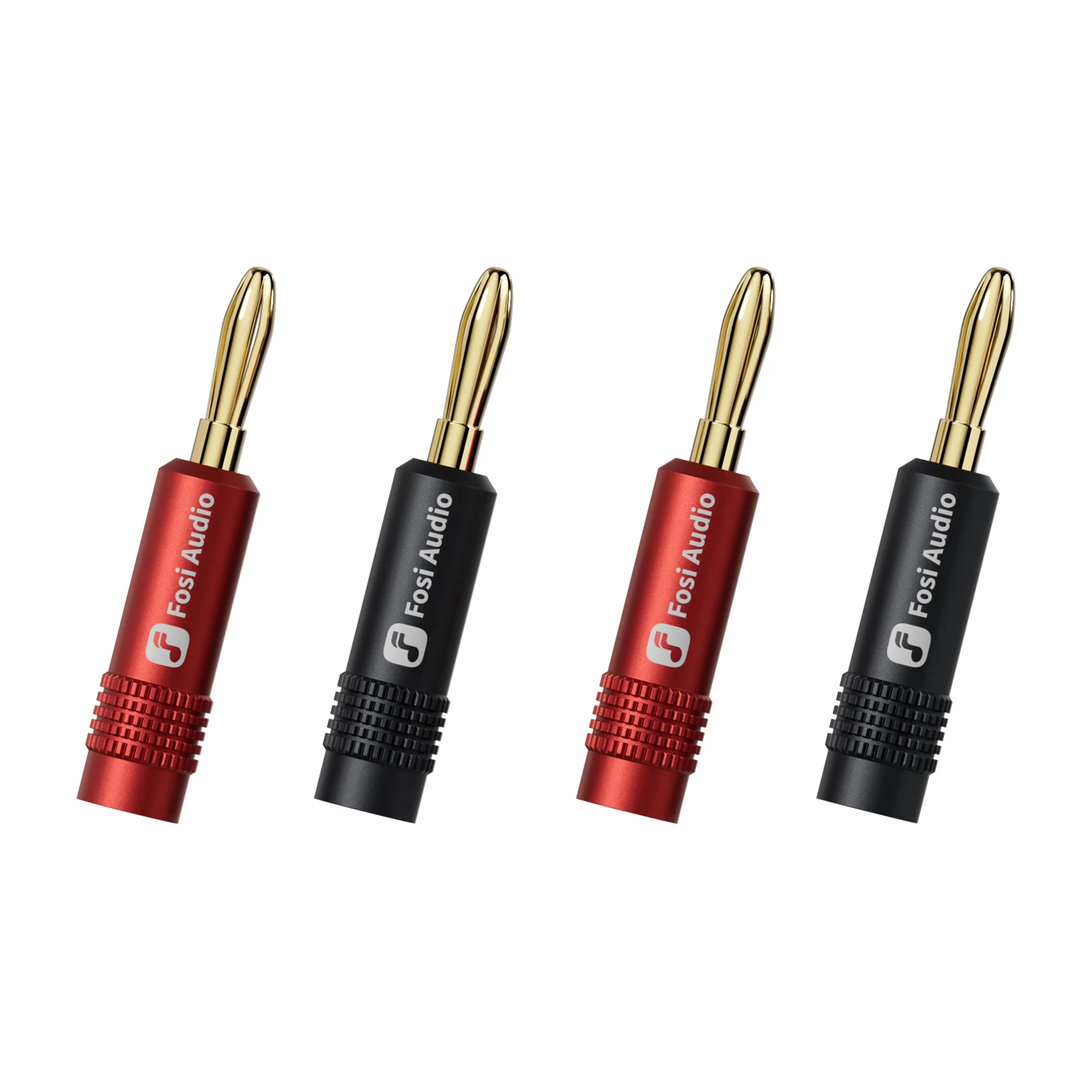 Fosi Audio bananenstekkers, 2 paar/4 stuks, zwart en rood, 24-karaats vergulde dubbele schroefconnectoren voor versterkers, luidsprekers en receivers.