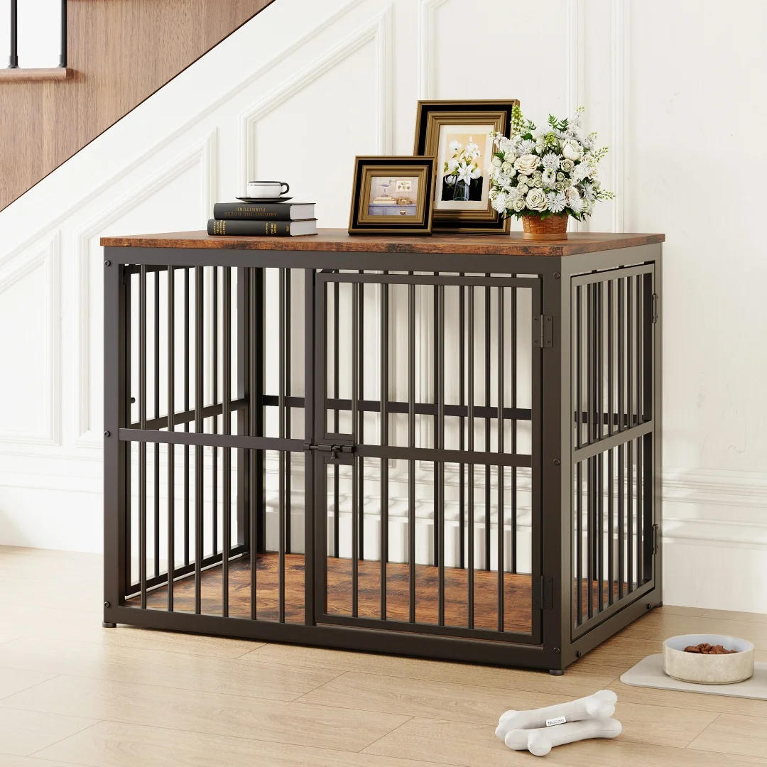 Retro bruine modulaire hondenkooi met 3 deuren en waterdichte bovenbladtafel, 2-in-1 hulptafel die kan worden gecombineerd en gestapeld, buitenafmetingen 68,4x53x61cm