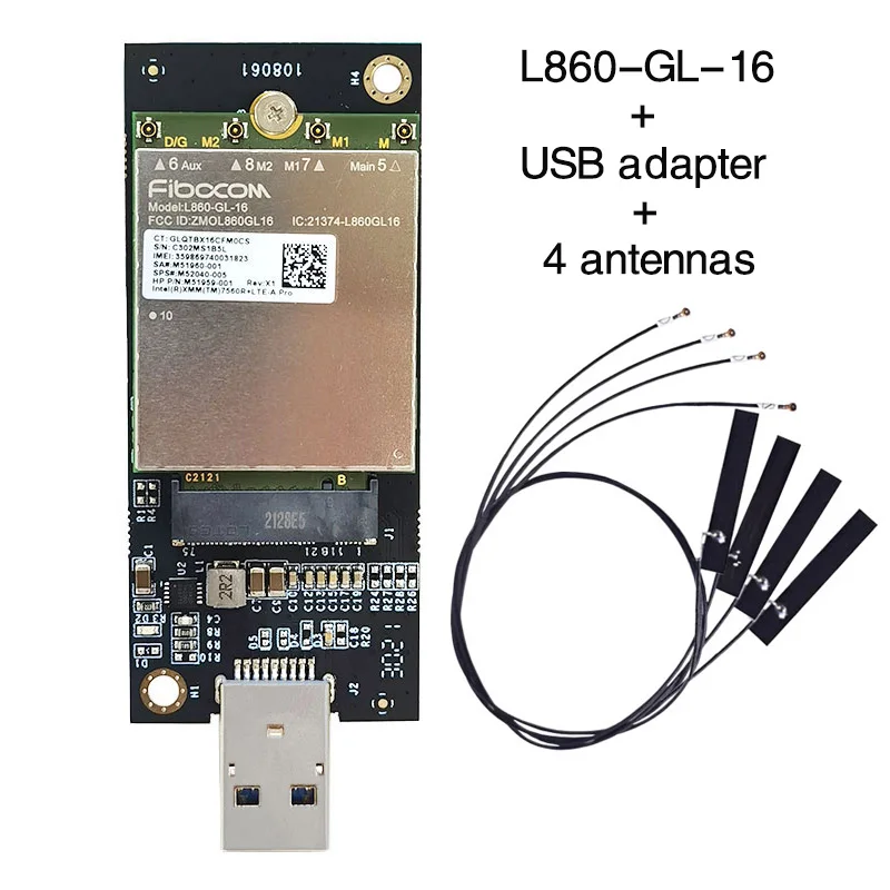 Fibocom L860-GL-16 LTE CAT16 module 4G 5G wwan card GPS 1Gbps with USB adapter antennas