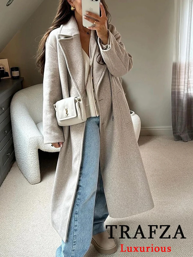 TRAFZA Vintage Chic Solid Women Overcoat Double Breasted Turn-down Collar Oversized Long Jackets Fashion 2024 Autumn Winter Coat