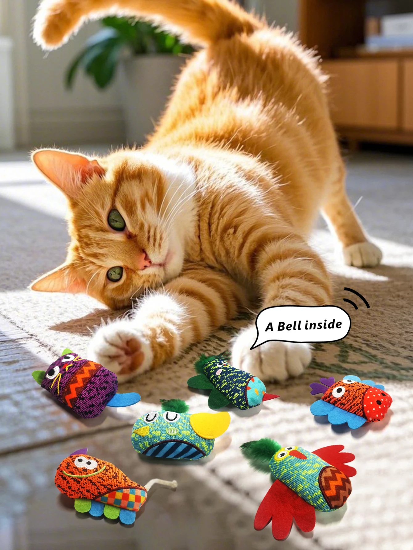 Katzenspielzeug mit Glocken-Sound – 6 niedliche Tiermodell-Designs (einschließlich künstlicher Federn), interaktives Kauspielzeug für Haustiere und Verfolgungen