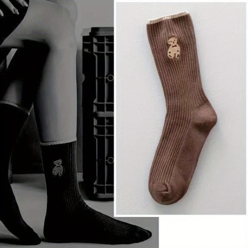 5/10 Par Damskich Skarpetek do Połowy Łydki - Uroczy Wzór Misia - 5 Kolorów (Czarny/Biały/Brązowy/Beżowy) - Miękki Poliester, Na Każdy Sezon, Codzienne