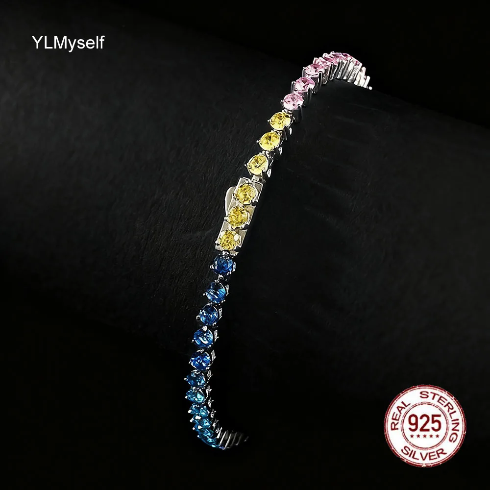 

YLMyself Радужный теннисный браслет 2,4 мм, трехзубчатая цепочка из серебра 925 пробы с кубическим цирконием, стиль дофамина