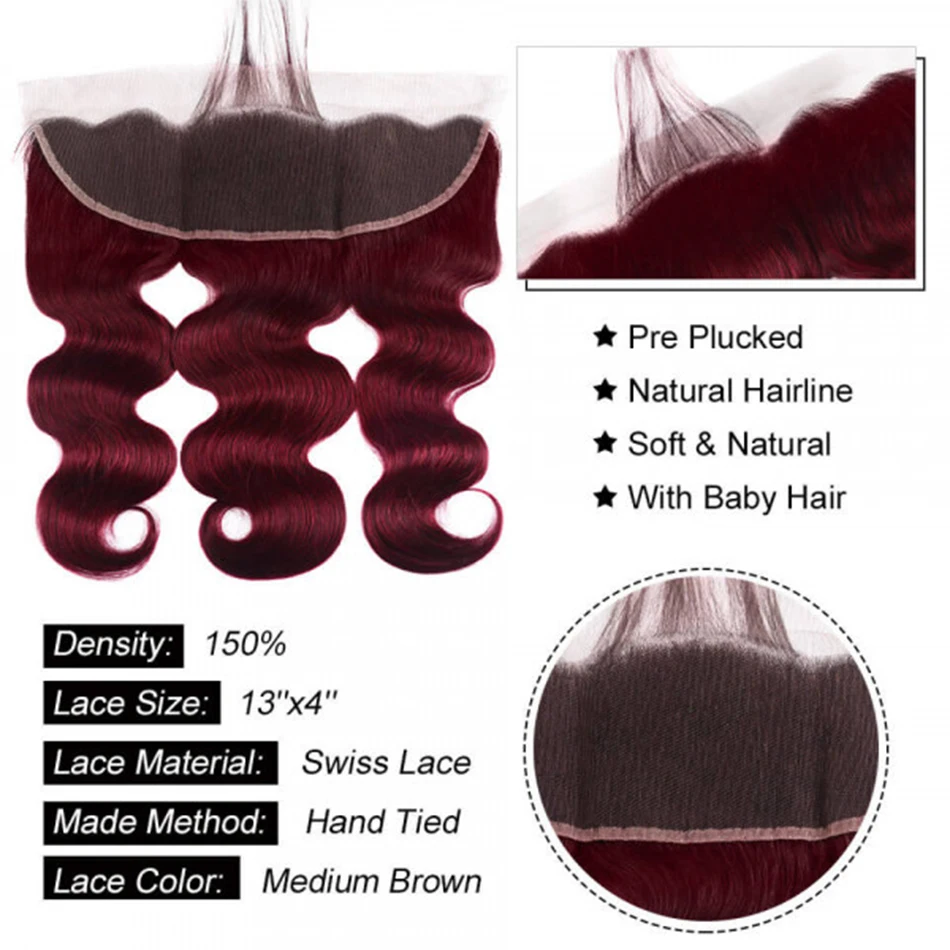 Bundel dengan gelombang tubuh Frontal rambut manusia Brasil anggur merah pra dipetik dengan rambut bayi 99J Burgundy 3 bundel dengan 13 × 4 Frontal