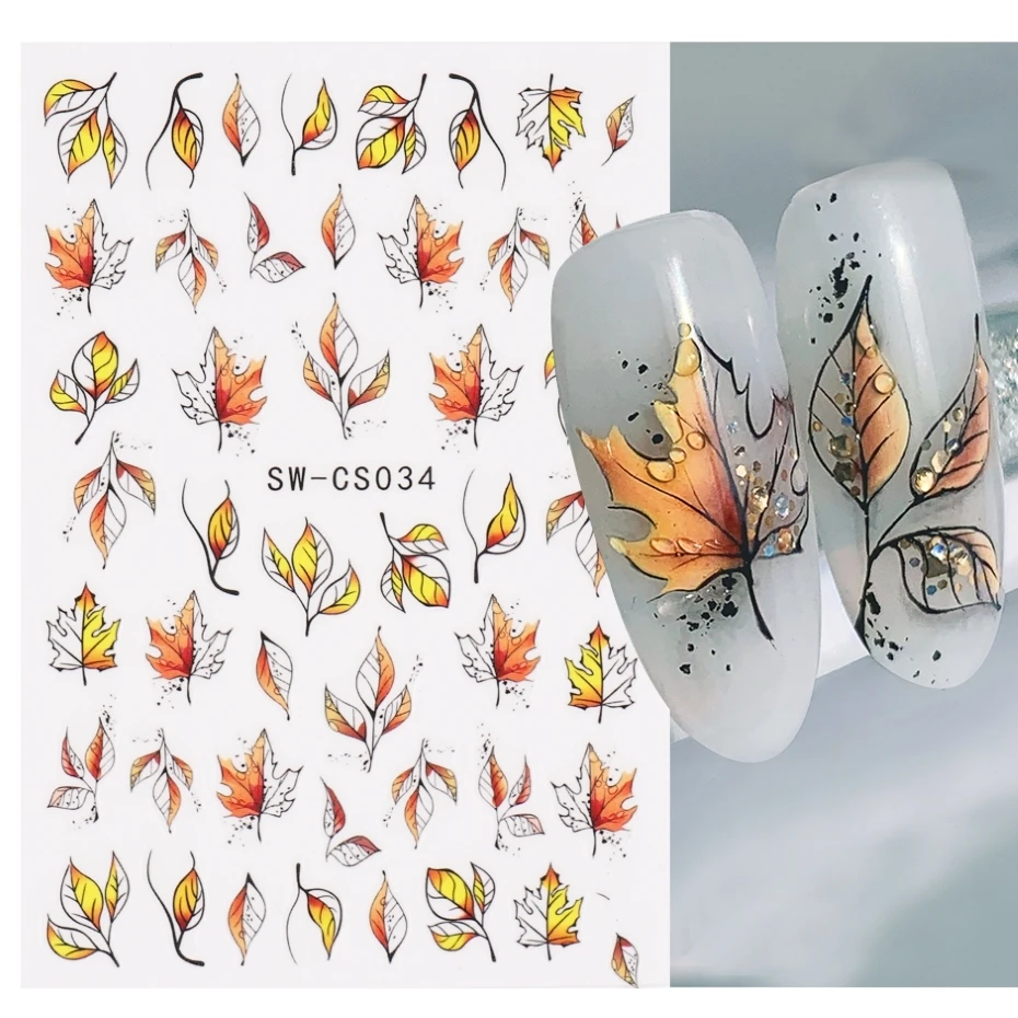 

Maple Leaf Fall Nail Design Black Yellow Leaves Autumn Nail Art Stickers for Manicure 3D Polish October Sliders Foils SASW-CS