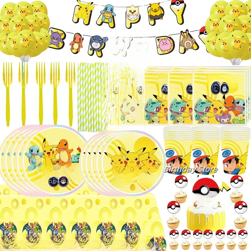 Nouveau Pokemon décorations d'anniversaire ensemble de vaisselle tasses assiettes serviettes nappe ballons bannière Pikachu fournitures de décoration de fête heureuse