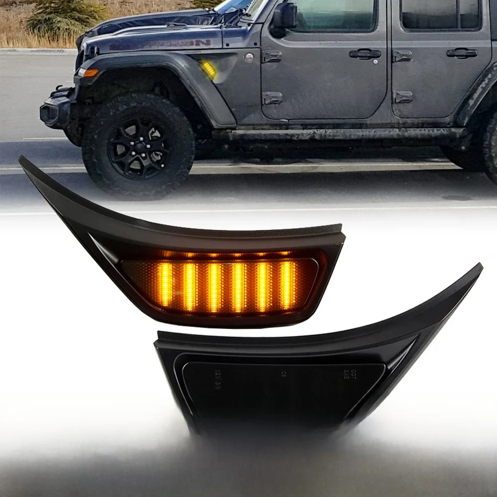 2x Przydymione przednie błotniki LED Powtarzające boczne światła obrysowe DRL do jazdy dziennej dla Jeep Gladiator JT Wrangler JL Rubicon Sahara — 2