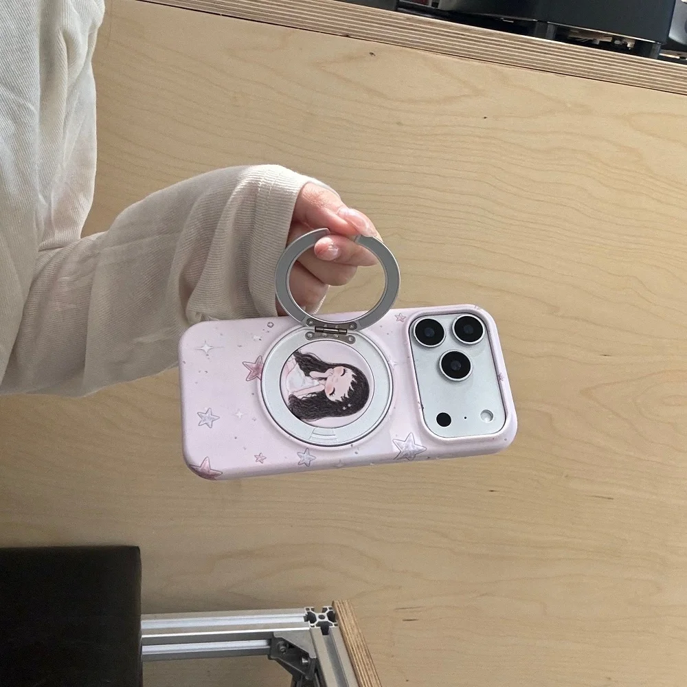 New Korea Ins Star Print Cartoon Girl Phone Case for iPhone 17Pro, 15, 16, 17 Pro Max, 15 Pro Pink Shockproof Case with Magnetic
