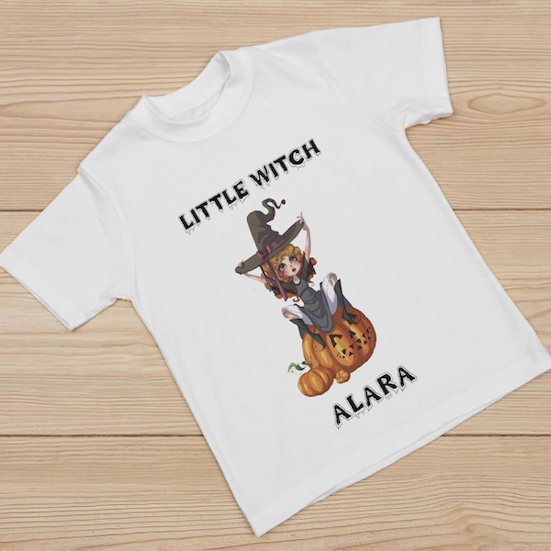 Halloween Little Witch Custom Printed T-Shirt , Personalized Kid Shirt, Personalised Wearable Gifts, Party Clothes