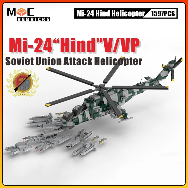 Soviet Union Air Force Mi-24 Hind Helicopter MOC Building Block WW II Transport Aircraft Load Weapons Model Bricks Toys for Boys