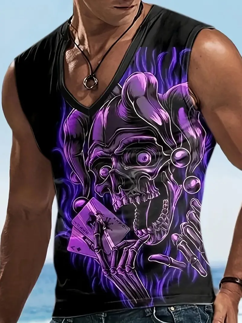 Men's sleeveless T-shirt Cubic skull print vest Men's street V-neck pullover oversized T-shirt Men's four seasons sportswear