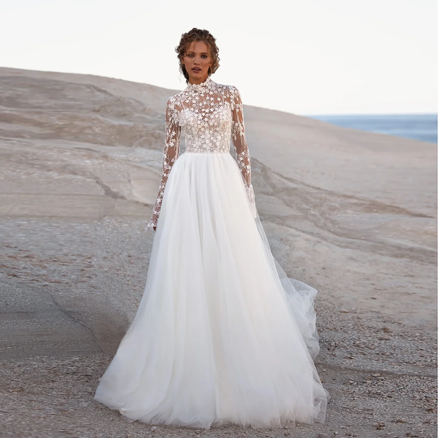 

Шарон Саид Богемия с высоким воротом Белое тюлевое свадебное платье 2025 Элегантное корсетное платье трапециевидной формы с длинными рукавами SW456 по индивидуальному заказу