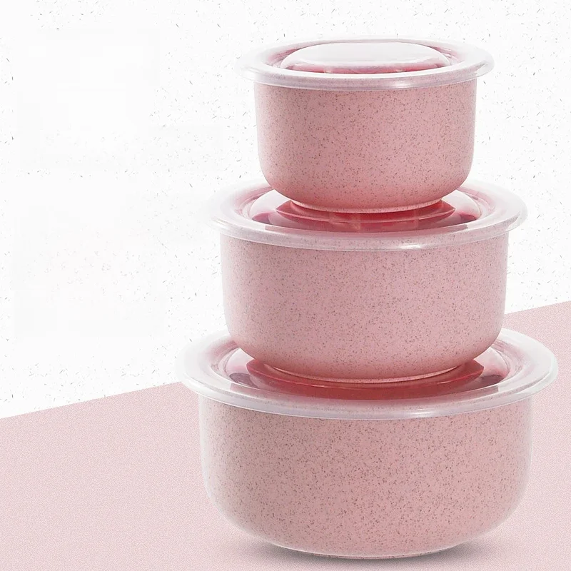 Bol de conservation de la fraîcheur en paille de blé, ensemble de trois pièces avec couvercle pour boîte à déjeuner ronde en plastique micro-ondable pour la maison, 3 pièces