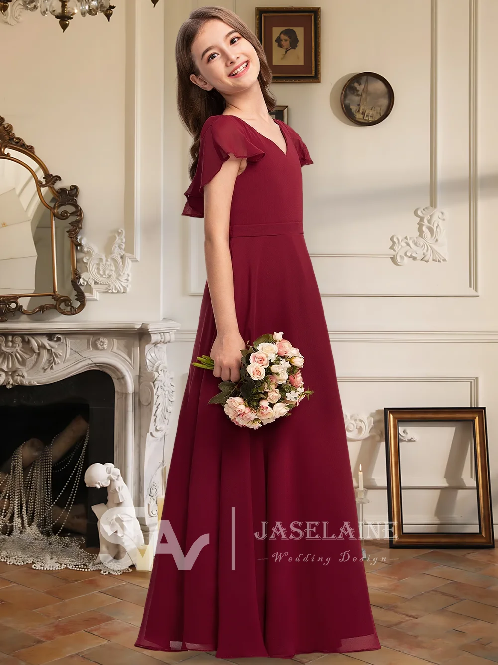 Платье подружки невесты из шифона с v-образным вырезом длиной до пола, платье с цветочным узором для девочек, трапециевидное платье с каскадными оборками, свадебные девушки, торжественное мероприятие