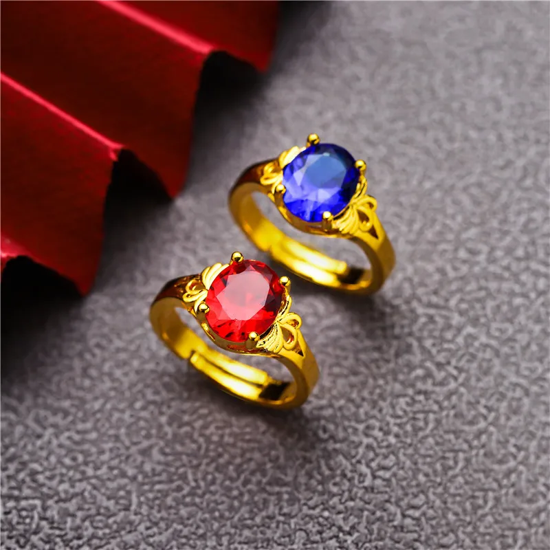 Dubai 24k Gold Plated Colored Crystal Finger Rings for Women Wedding Band Engagement Jewelry Valentine's Day Gifts Wholesale