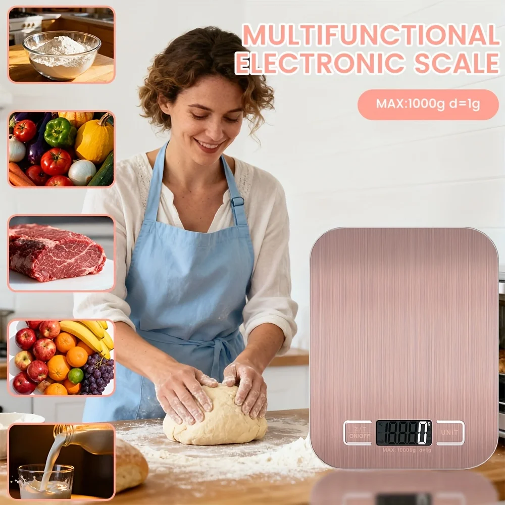 Digital Kitchen Scale with Large Display Screen, Capable of Measuring Grams and Ounces, Ideal for Baking, Cooking, and Food Preparation, Supports 6 Different Units, Has a Peel-Off Feature, and Has a Maximum Capacity of 10 kg (Batteries Not Included)