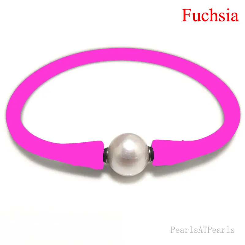 7 inches 10-11mm Natural Round Pearl Fuchsia Rubber Silicone Bracelet