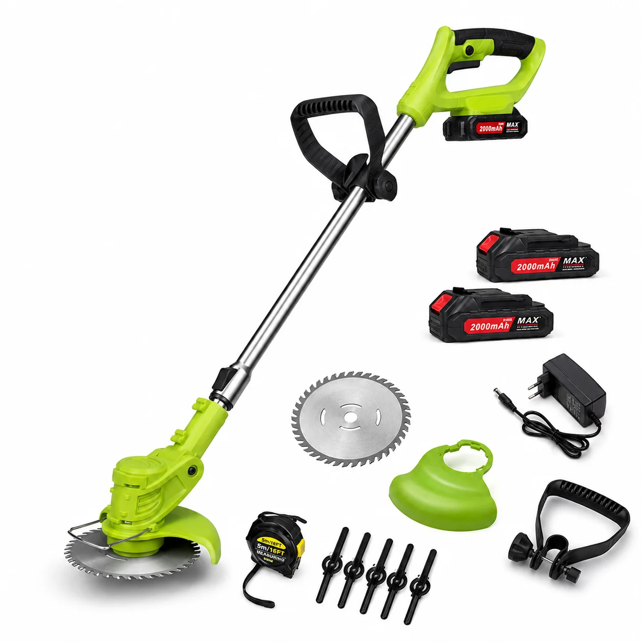 Tolife Cordless Weed Wacker String Trimmer, 2×2000mAh Battery Powered Electric Grass Trimmer, Adjustable Telescopic Pole Weed Eater with Metal Saw Blades, Full Accessory Kit for Lawn Yard Garden Weed Grass Cutting