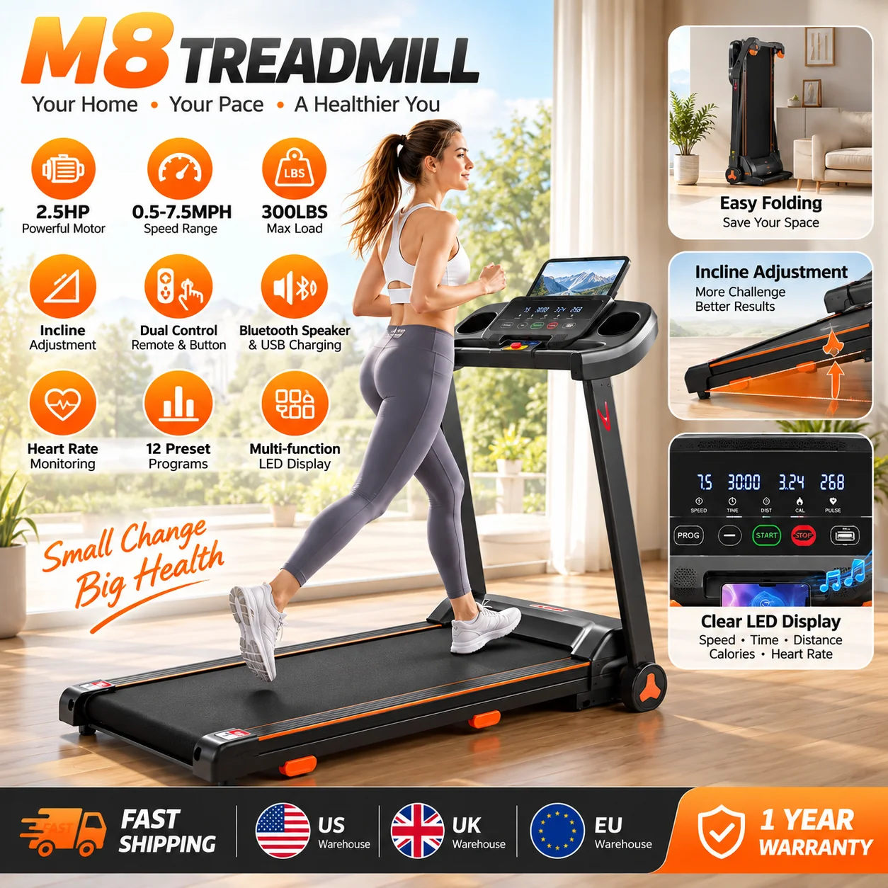 2.5HP Electric Treadmill for Home Folding Running Machine with Incline Bluetooth USB Heart Rate 300LBS Capacity