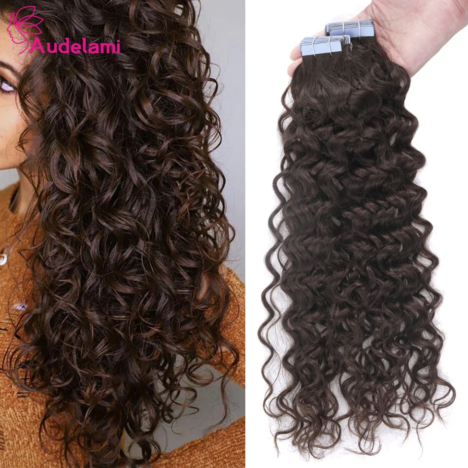 Audelami Tape in Hair Extensions Water Wave Hair Extensions 100% Real Human Hair  Remy Hair 2.0g/pcs 20pcs/set